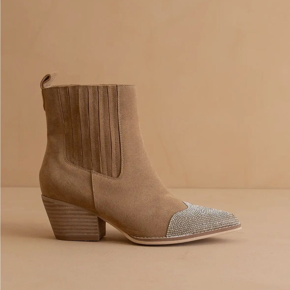 Anthropologie Beige Suede Booties with Metallic Toe